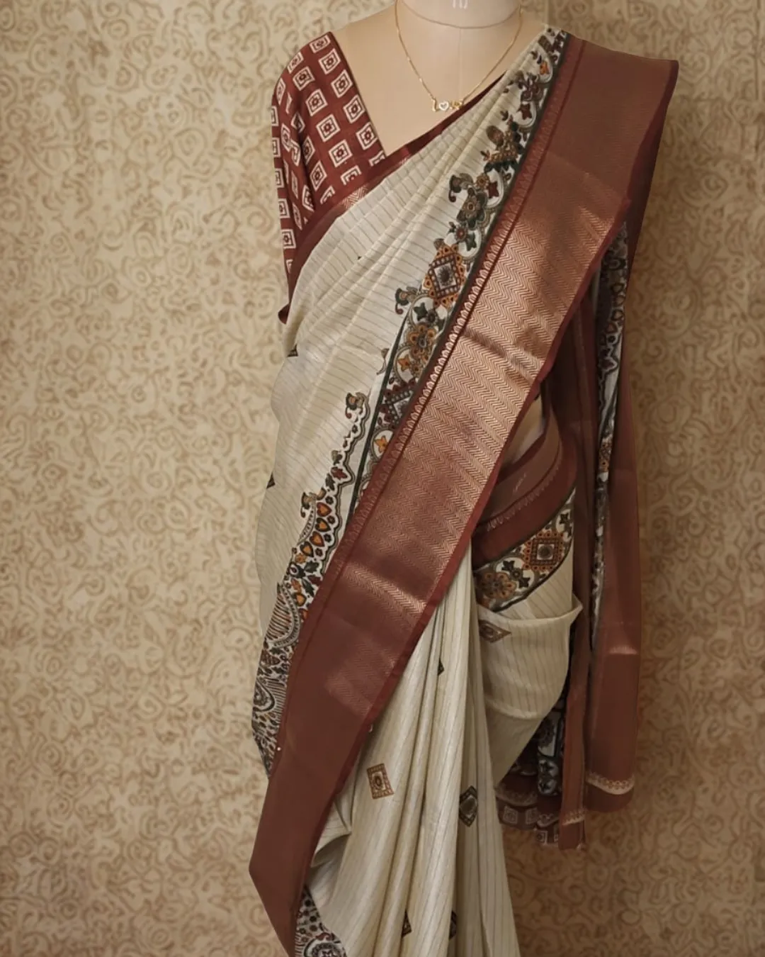 Off-White Saree with Coffee Border