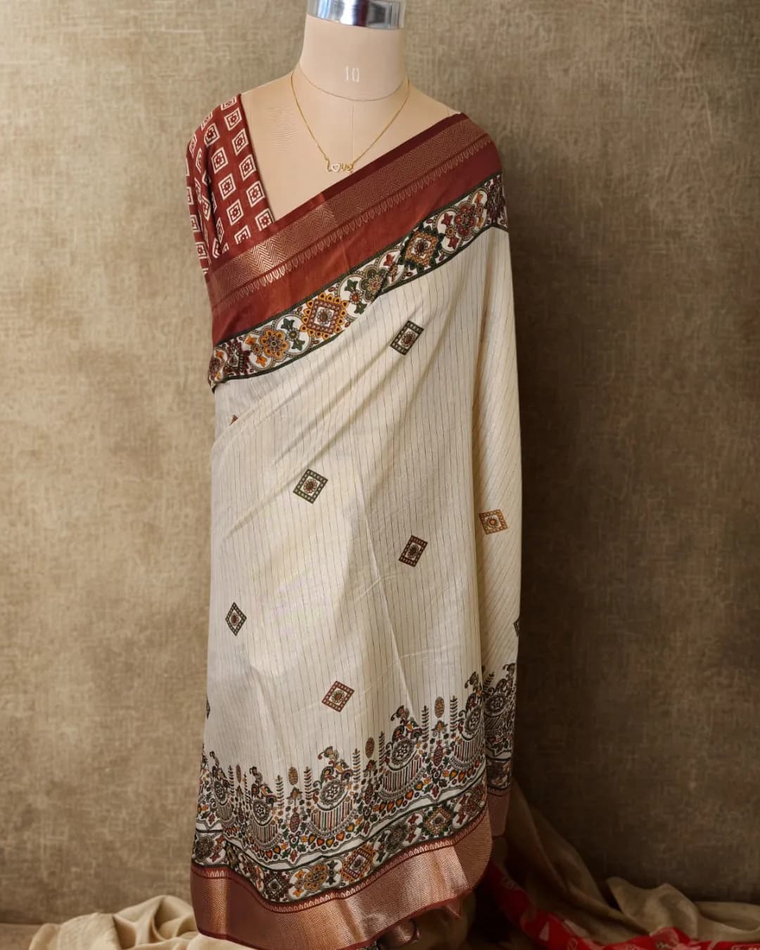 Off-White Saree with Coffee Border