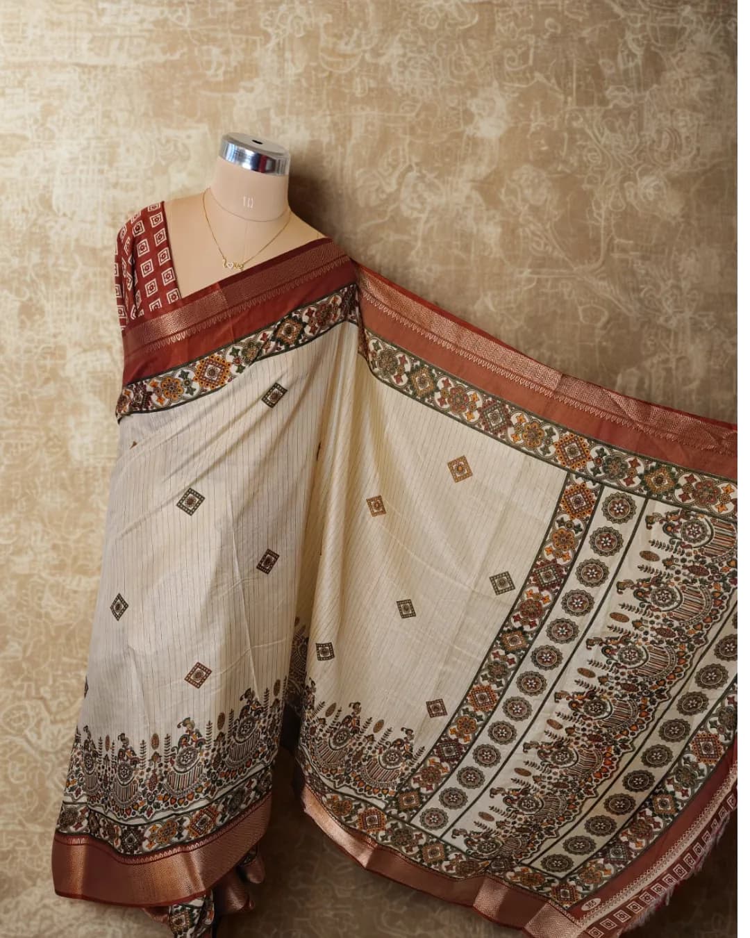 Off-White Saree with Coffee Border