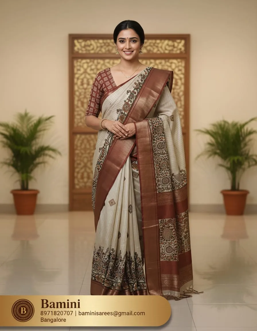 Off-White Saree with Coffee Border