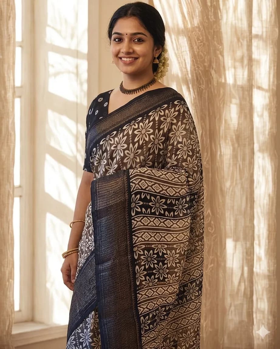 Coffee Brown Floral Printed Tussar Silk Saree