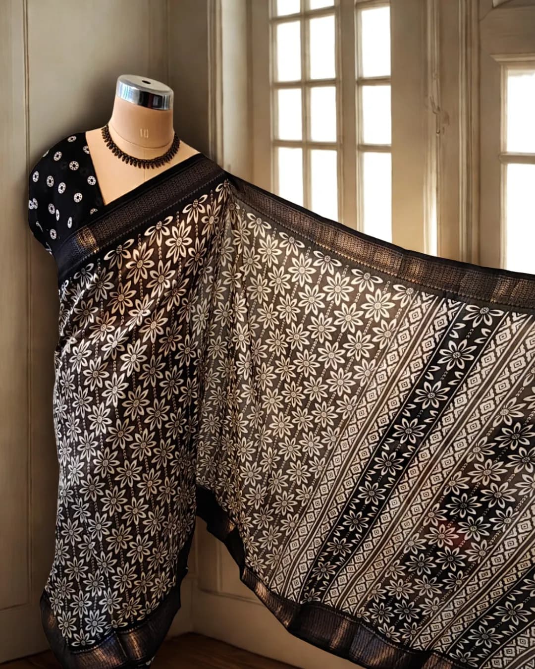 Coffee Brown Floral Printed Tussar Silk Saree