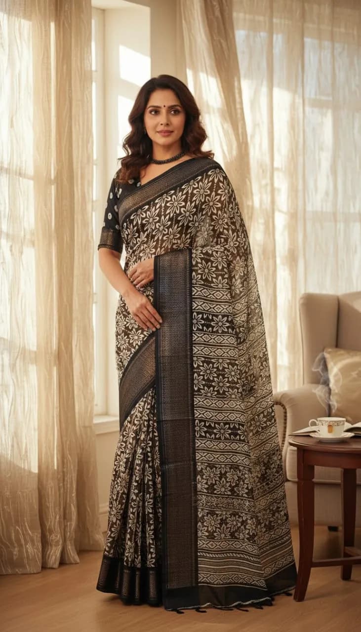 Coffee Brown Floral Printed Tussar Silk Saree