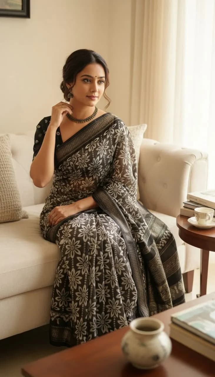 Coffee Brown Floral Printed Tussar Silk Saree