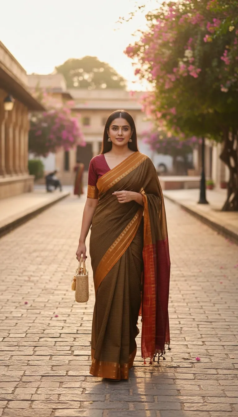 Olive Cotton Saree with Red Pallu