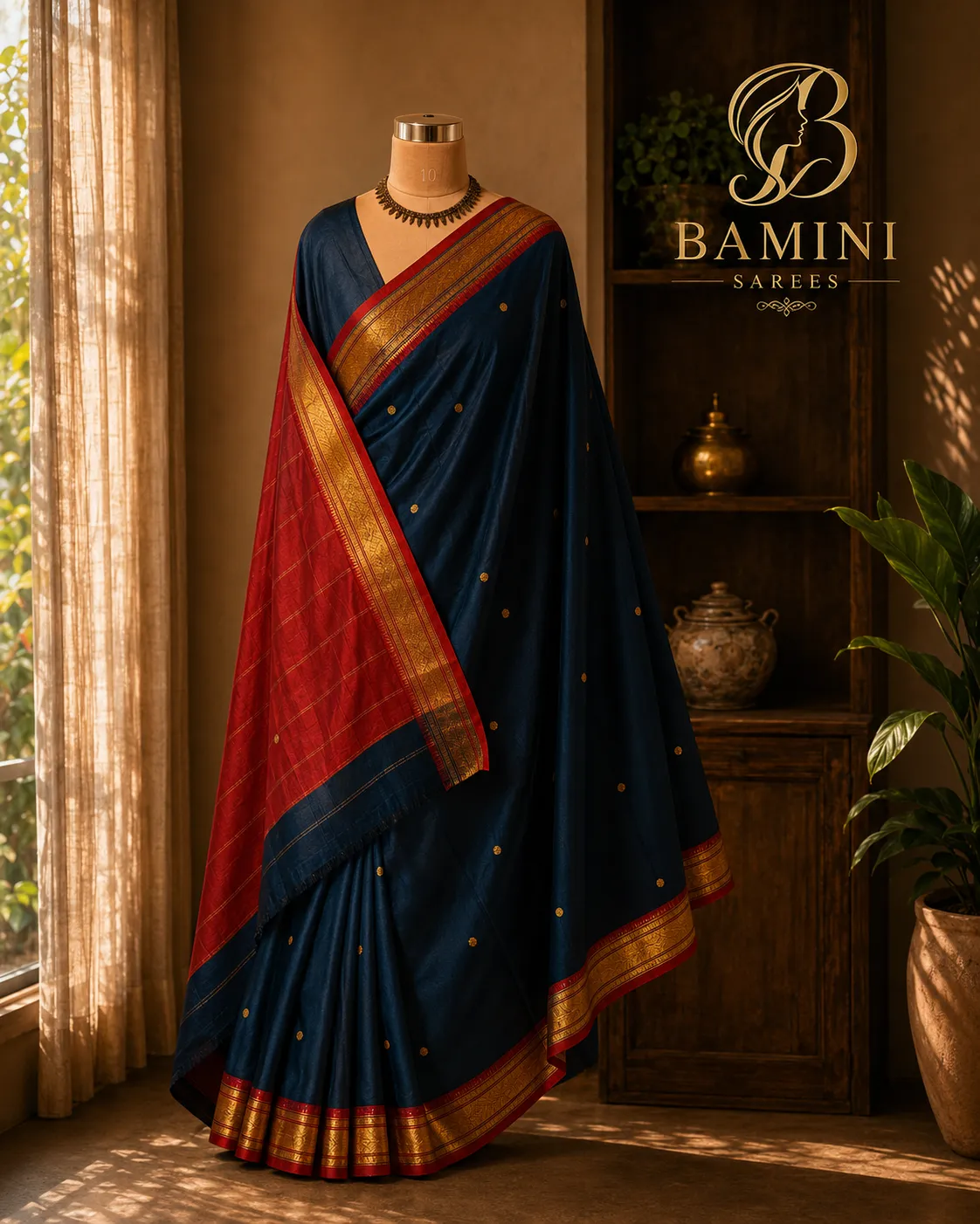 Navy Blue Soft Silk Saree with Rich Red Zari Border